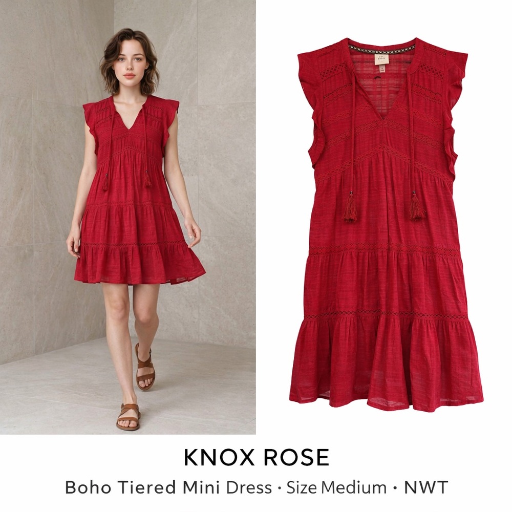 Knox Rose Red Boho Tiered Mini Dress Tassel Tie Cotton Size Medium NWT